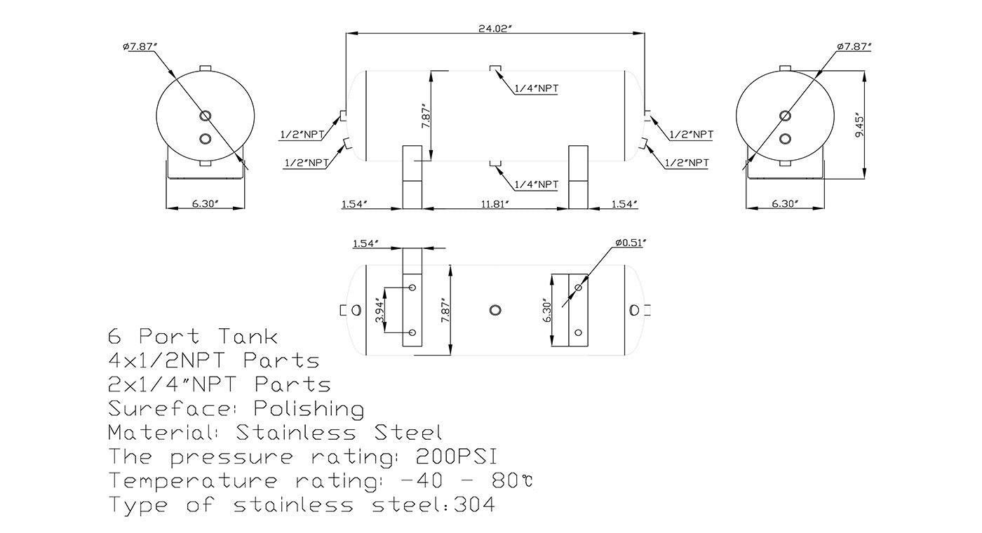 5 Gallon Stainless Steel 6 Port Air Tank